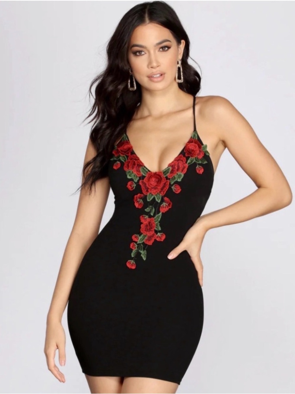 Windsor Rose Embroidered Bodycon Mini Dress Black Red Floral Small S Cross Back